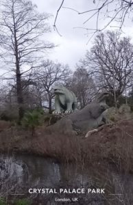 The large dinosaur statues at Crystal Palace Park.